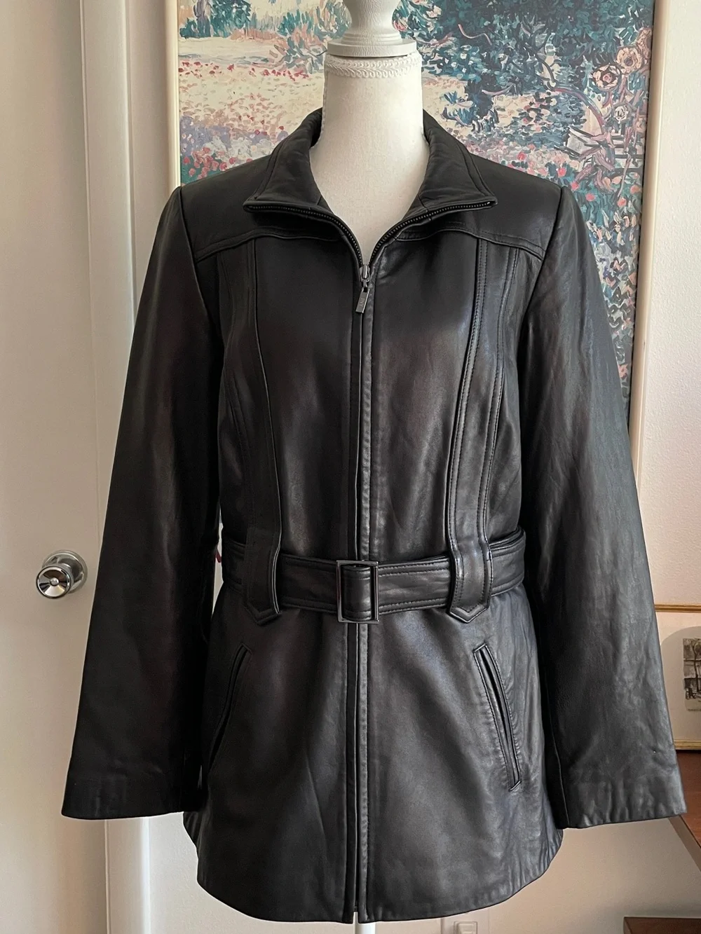 VTG Y2K Genuine Leather Jacket Womens Medium Black Belted Moto Biker Mock Neck